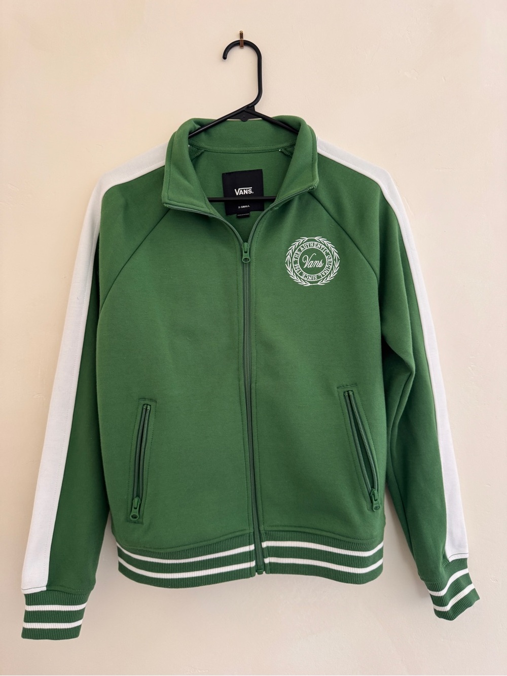 Vans Green Zip-Up Track Jacket with White Sleeve Stripes